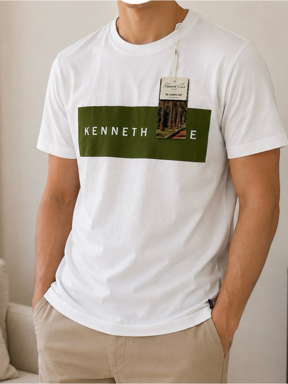 Kenneth Cole White Short-Sleeve Tee with Olive Logo Block
